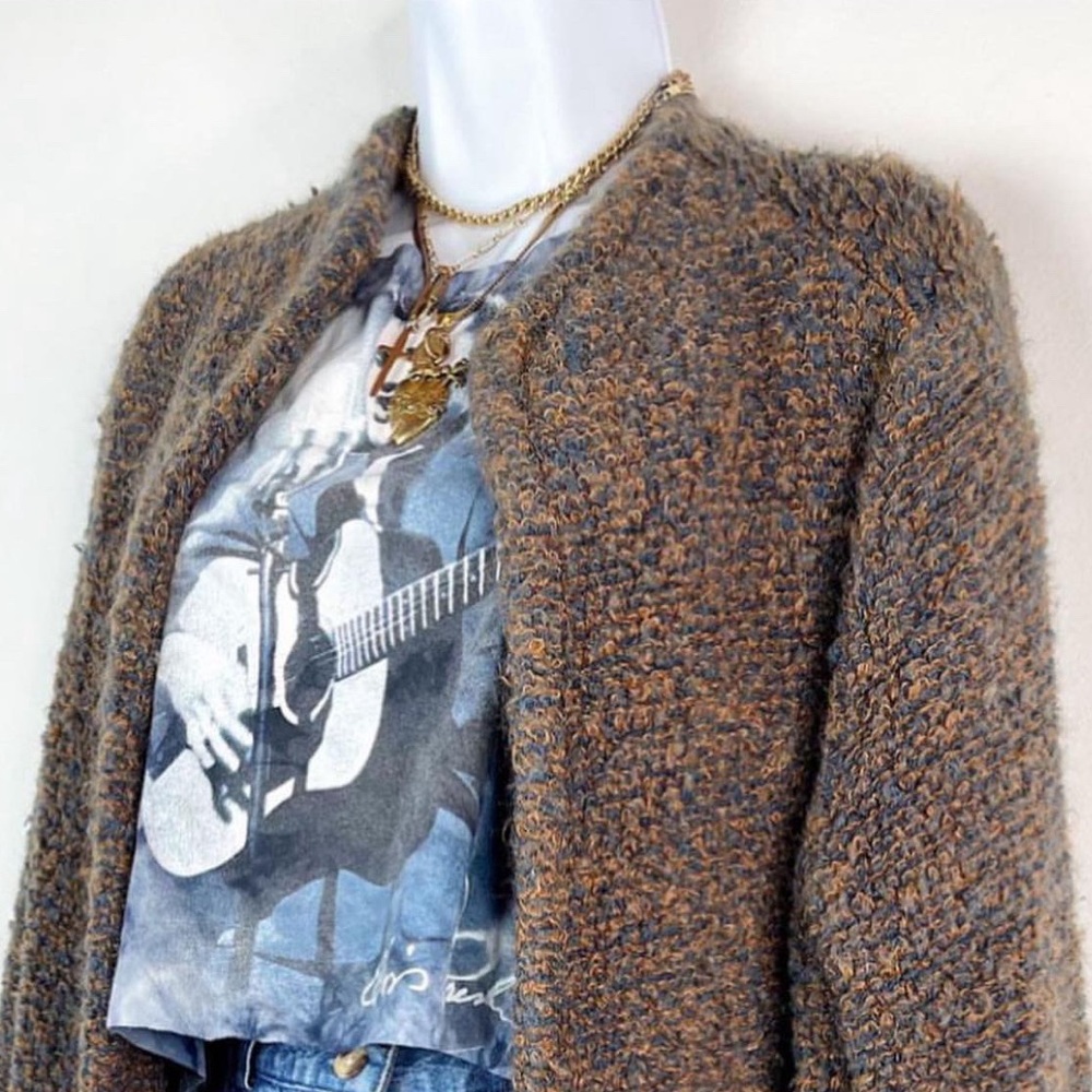 🧥 Vintage Chunky Marled Knit Open Front Cardigan Sweater Pockets M L